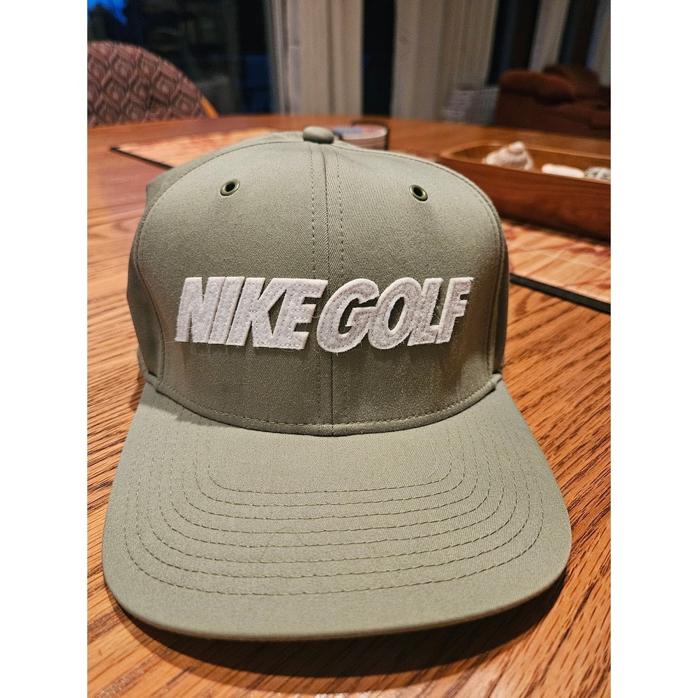 Nike Golf Hat Men OS Olive Green Leather Strap High Crown Strapback Felt 3D Logo